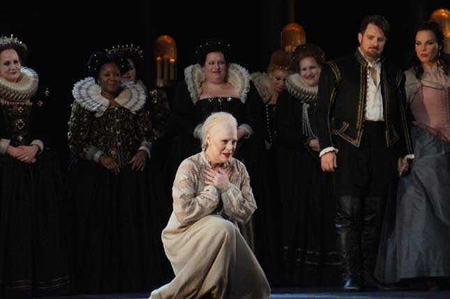 Sondra Radvanovsky (center), Matthew Polenzani, and Elīna Garanča (far right) take a curtain call for the Metropolitan Opera’s "Roberto Devereux."