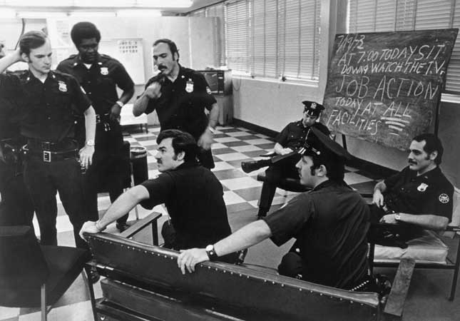 Strikes and job actions by Port Authority employees, like this 1973 police walkout, have pressured officials into granting union demands. (UPI/CORBIS)