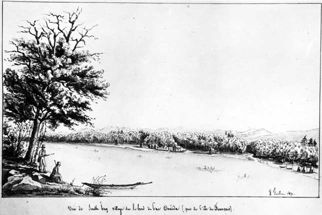 Tocqueville’s friend Gustave de Beaumont made this sketch of Frenchman Island in New York State’s Lake Oneida when the two travelers (doubtless depicted in the lower left corner) explored it in July 1831. (YALE TOCQUEVILLE MANUSCRIPTS. GENERAL COLLECTION, BEINECKE RARE BOOK AND MANUSCRIPT LIBRARY, YALE UNIVERSITY)