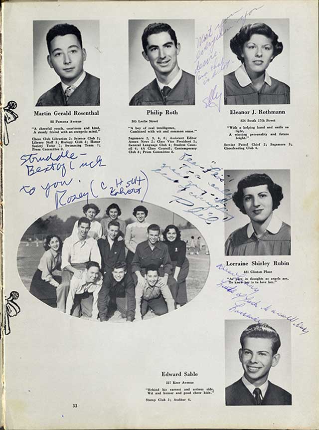 Roth in his yearbook photo, Class of 1950 . . . (PHOTO COURTESY OF THE JEWISH HISTORICAL SOCIETY OF NEW JERSEY) 