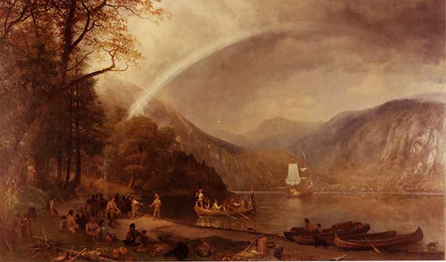 The city has seen booms and busts ever since Henry Hudson sailed by in the "Half Moon" in 1609, depicted here by Albert Bierstadt. (MPI/GETTY IMAGES)