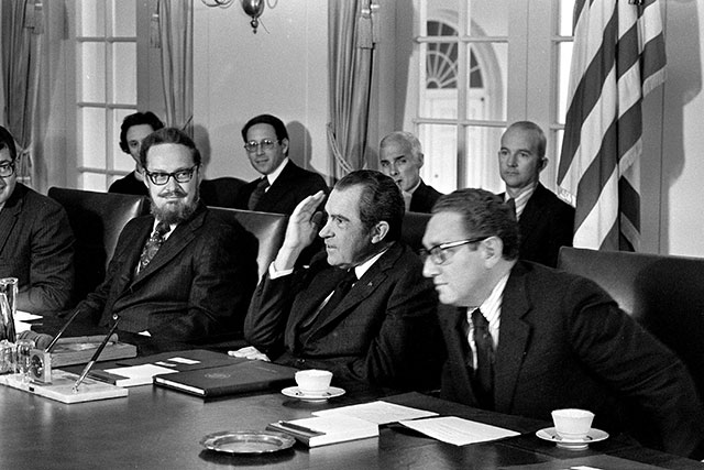 Acting Attorney General Bork meeting with President Richard Nixon and Secretary of State Henry Kissinger in 1973, about a month after the Saturday Night Massacre (AP PHOTO)