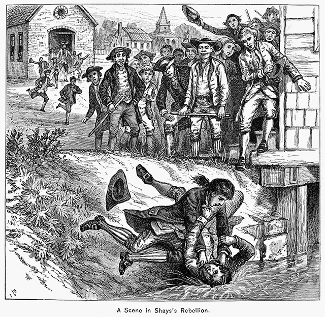 A nineteenth-century wood engraving illustrating a scuffle between opposing factions in Shays’ Rebellion, near a Springfield courthouse (GRANGER / GRANGER — ALL RIGHTS RESERVED.)