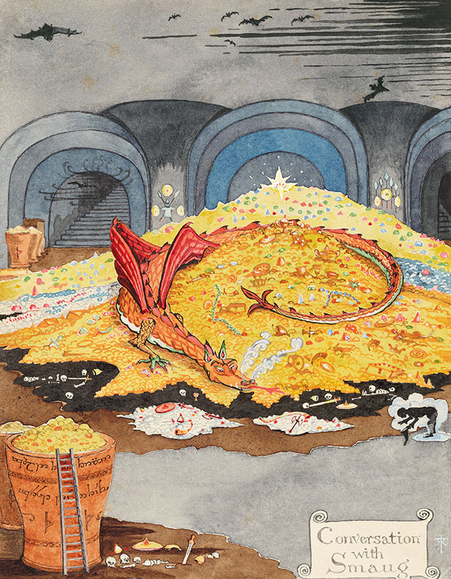 J. R. R. Tolkien (1892–1973), Conversation with Smaug, July 1937, black and colored ink, watercolor, white body color, pencil. Bodleian Libraries, MS. Tolkien Drawings 30. © The Tolkien Estate Limited 1937.