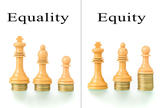 This common illustration (and variants online) exemplifies activists’ argument that equality of opportunity is not enough because some groups still wind up with less; only equity, which involves redistributing resources, is fair. (SELU GALLEGO/ALAMY STOCK)