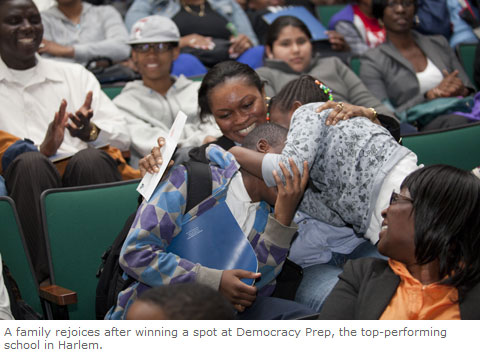 A family rejoices after winning a spot at Democracy Prep, the top-performing school in Harlem.