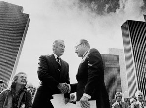 Big government stepped in to replace the upstate private economy that Governor Nelson Rockefeller (right, with his successor, Hugh Carey) taxed into oblivion.